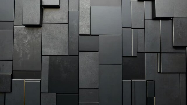 Dynamic arrangement of black geometric shapes creates a striking visual texture on a wall
