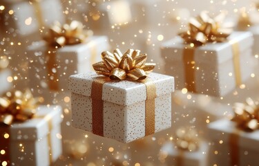 3D Floating Gift Box with Gold Ribbon on Beige Background for Product Presentation and Holiday Branding