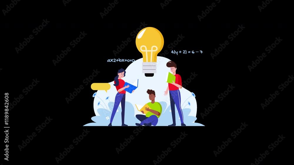 Poster diverse group of students solving math problems under a light bulb, representing teamwork and creati