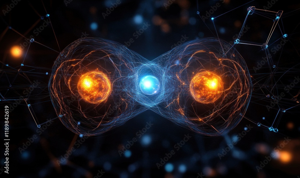 Poster quantum mechanics and atomic particles illustration with energy orbs and hexagonal web