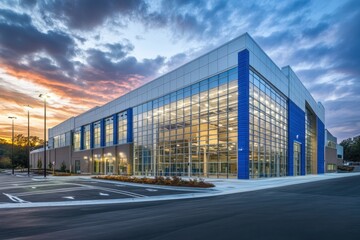 A large modern warehouse with blue and white exterior walls, glass windows on the front wall, industrial lighting in one corner of the building