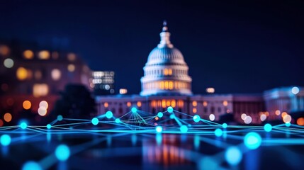 US Capitol Building at Night with Futuristic Network Overlay