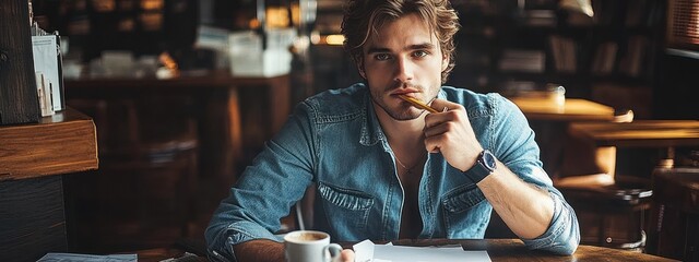 Naklejka premium Young man working on business project at cozy café with video call