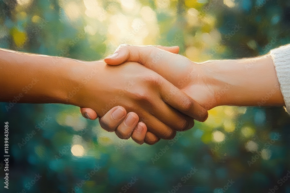 Poster hands clasping in unity for friendship and support with sunlight in natural background