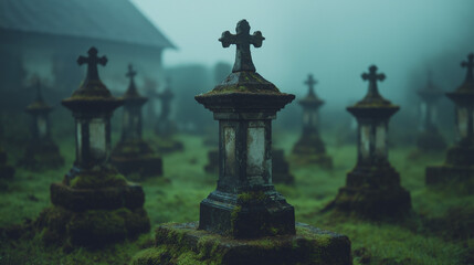 Obraz premium Misty Cemetery: Ancient weathered headstones stand shrouded in a thick, ethereal mist, creating a somber and atmospheric scene in an old cemetery. The crosses stand tall.
