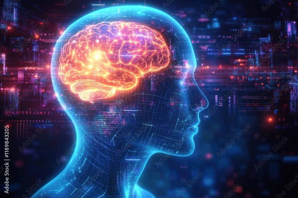 Poster futuristic digital human head with glowing brain and data stream patterns