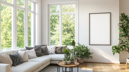 Fototapeta premium Bright living room interior featuring a large window and a white poster on the wall. The space is filled with natural light, creating a fresh and inviting atmosphere.