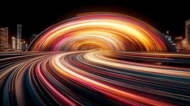 Light Trails in the City: Abstract light trails of vibrant colors twist and turn on a city road, creating a captivating scene of motion and energy, illuminated by the glow of the city lights. 