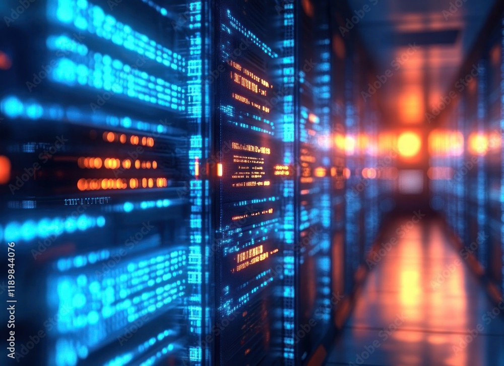 Poster futuristic digital server room cyberpunk code data design with neon lights