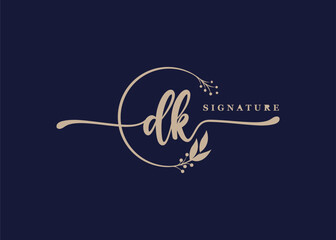 luxury signature initial dk logo design isolated leaf and flower 