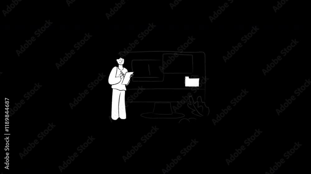 Poster a cartoon character stands in front of a monitor taking notes in a minimalistic office setting.
