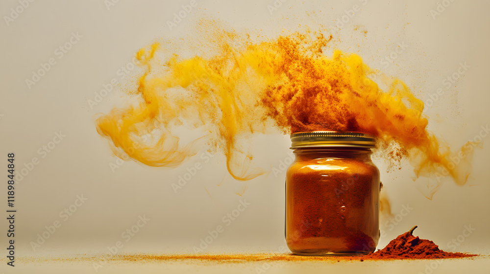Poster a glass jar filled with vibrant orange powder explodes in a burst of color, creating a dynamic and v