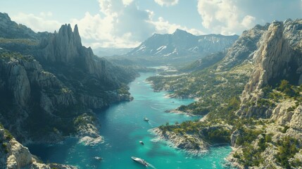 Obraz premium A wide shot of the Gorges du Verdon valley, capturing its iconic turquoise waters and contrasting rocky cliffs.