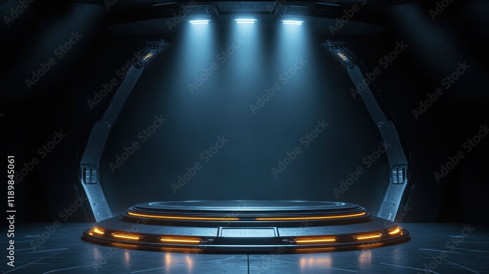 Poster futuristic exhibition stage with glowing accents and minimalist cyberpunk design for high-tech produ