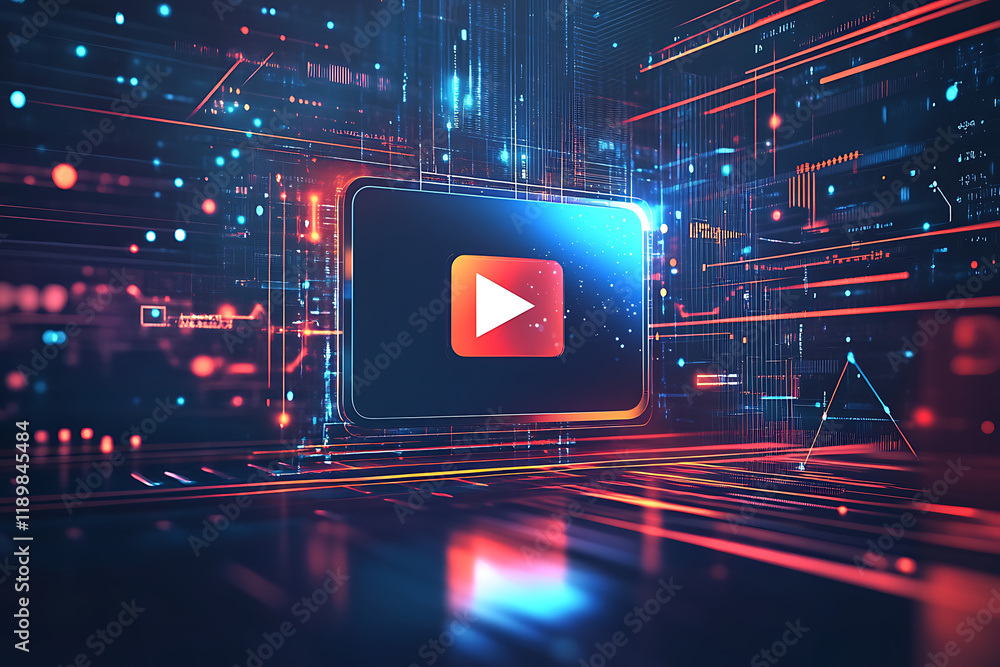 Poster a digital display featuring a play button, symbolizing video content and technology.