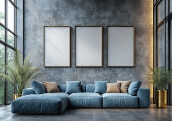 Modern living room design with plush blue sofa and elegant decor on gray wall with natural light