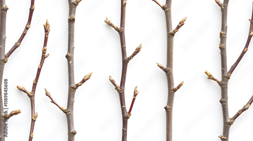 Aufkleber close-up of slender tree branches with small buds, arranged in a repeating pattern against a clean w