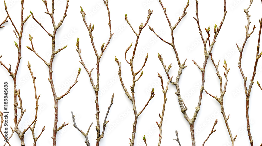 Poster close-up of slender tree branches against a white background. new buds are starting to appear, signi