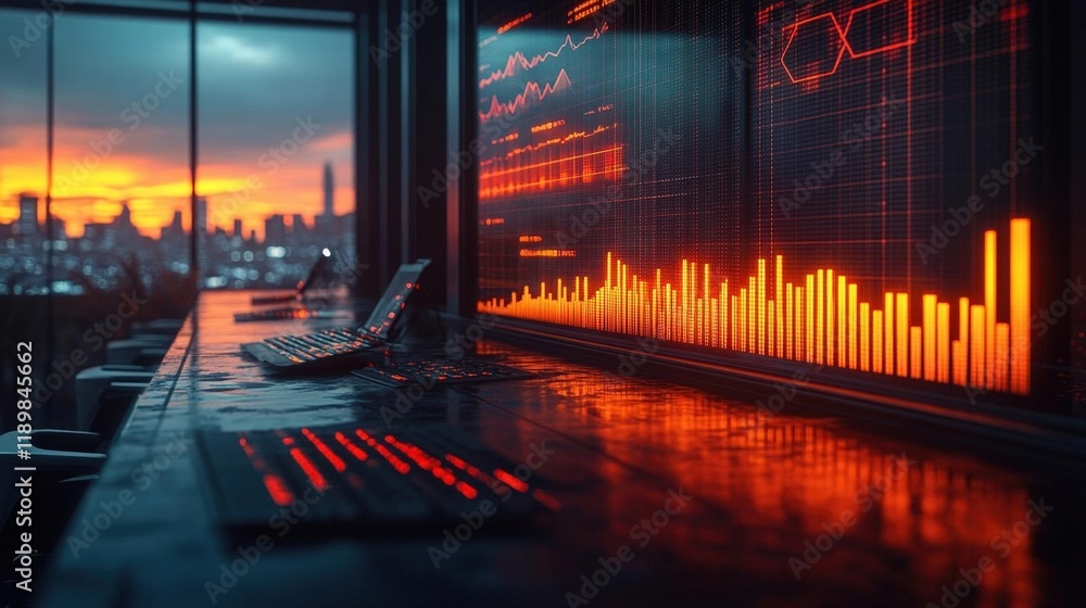 Poster futuristic cityscape sunset reflected in a modern office with digital data charts displayed on a lar