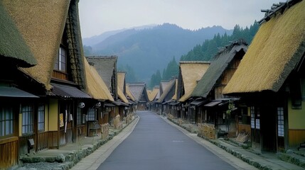 The charming Ouchi-juku village in Fukushima, with picturesque straw-roofed houses lining the main street, surrounded by lush green mountains.