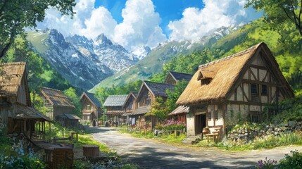 Obraz premium The charming Ouchi-juku village in Fukushima, with picturesque straw-roofed houses lining the main street, surrounded by lush green mountains.