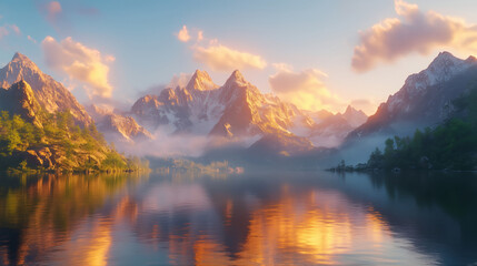 Golden Sunrise Reflections on a Misty Mountain Lake