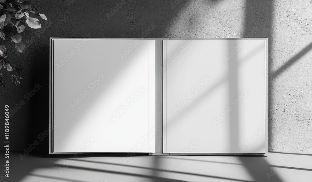 Poster minimalist open folder mockup with blank page and business card design on gray background