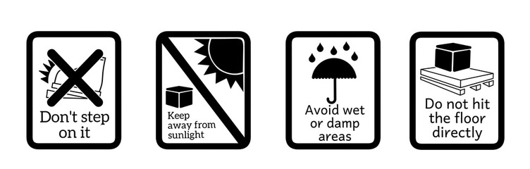 Packaging icon set of fragile care signs and symbols on a white background