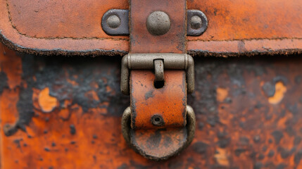 Distressed Leather Detail: A close-up shot reveals the intricate details of a worn leather bag, showcasing its aged patina, buckle, and stitching. The texture is rich and tactile.