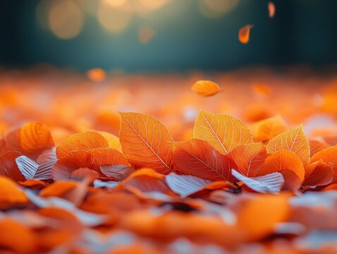 A close-up of vibrant orange leaves scattered on the ground, evoking autumn.