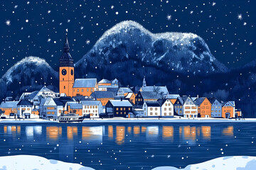 Snowy Village Night Illustration