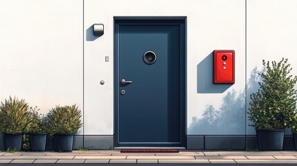 The Main Entrance of a Modern Home with a Blue Door and Minimalistic Decor Featuring Potted Plants and a Red Mailbox on a Sunny Day