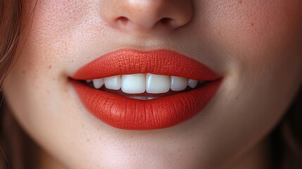 Fototapeta premium Close-up of a smiling woman's lips with vibrant red lipstick.