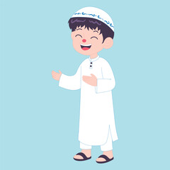 Happy Muslim boy in white traditional attire, smiling joyfully, celebrating Ramadan with cheerfulness.