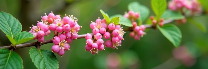Obraz premium Pink currant bush with small white and pink flowers, flowering plants, bushes, flowers