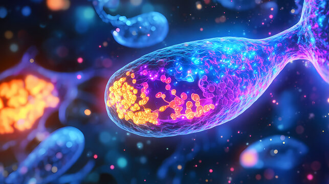 Woman pancreatic insufficiency glowing depiction of the pancreas showing reduced enzyme production. Shadowfall. Illustration
