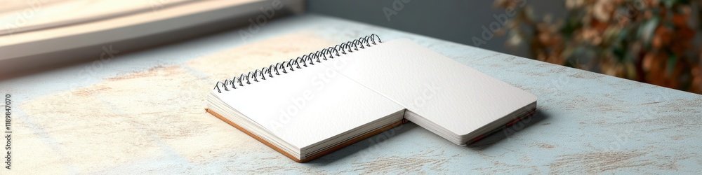 Poster minimalist open spiral notebook mockup on light textured background