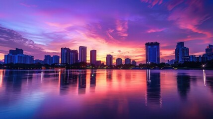 Fototapeta premium A vibrant city skyline at sunset, reflecting colorful hues on calm water.
