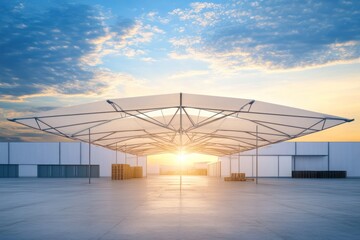 Obraz premium Modern warehouse exterior with a blue sky, a gray and white color scheme, professional photography