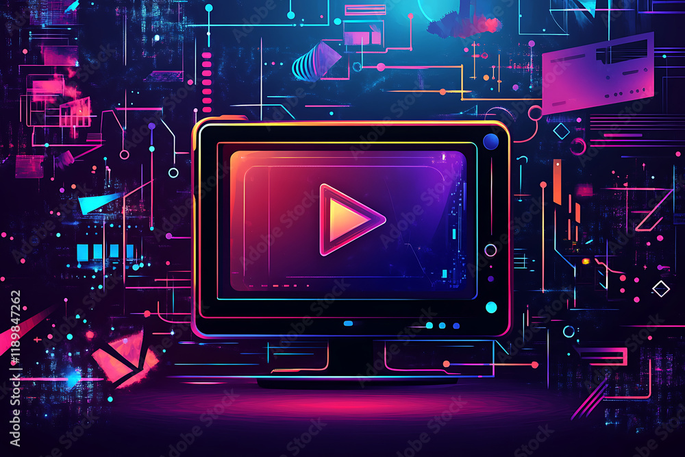 Poster a vibrant digital illustration of a computer screen with a play button, symbolizing video content.