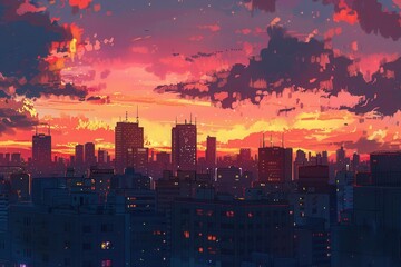 Obraz premium A vibrant city skyline at sunset, showcasing colorful clouds and illuminated buildings.