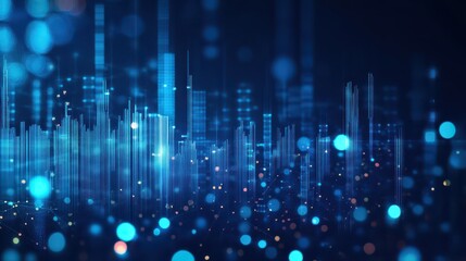 Conceptual illustration of stock market and fintech with blurry blue digital charts over a dark blue background, showcasing a futuristic financial interface and forex concepts.