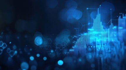 Conceptual illustration of stock market and fintech with blurry blue digital charts over a dark blue background, showcasing a futuristic financial interface and forex concepts.