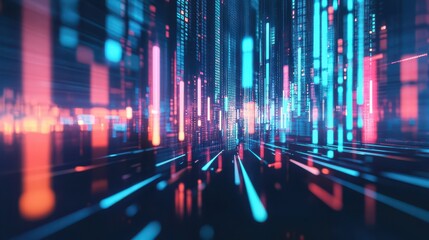 Conceptual illustration of stock market and fintech with blurry blue digital charts over a dark blue background, showcasing a futuristic financial interface and forex concepts.