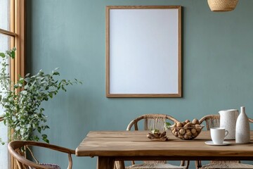 Stylish scandinavian dining room interior with mock up poster frame, wooden table, furniture, cup of coffee, plant , cement fruits, nuts and elegant accessories. Template. Modern home decor.