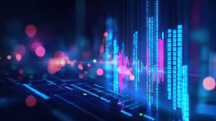 Conceptual illustration of stock market and fintech with blurry blue digital charts over a dark blue background, showcasing a futuristic financial interface and forex concepts.