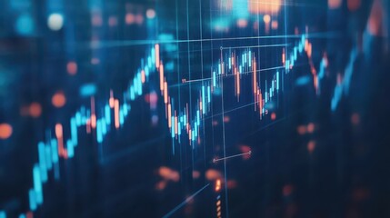 Conceptual illustration of stock market and fintech with blurry blue digital charts over a dark blue background, showcasing a futuristic financial interface and forex concepts.