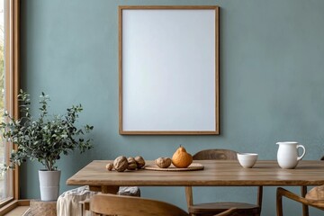 Stylish scandinavian dining room interior with mock up poster frame, wooden table, furniture, cup of coffee, plant , cement fruits, nuts and elegant accessories. Template. Modern home decor.