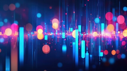 Conceptual illustration of stock market and fintech with blurry blue digital charts over a dark blue background, showcasing a futuristic financial interface and forex concepts.