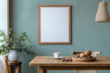 Stylish scandinavian dining room interior with mock up poster frame, wooden table, furniture, cup of coffee, plant , cement fruits, nuts and elegant accessories. Template. Modern home decor.
